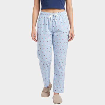 Women's Light Blue Straight Fit Heart Printed Pyjama