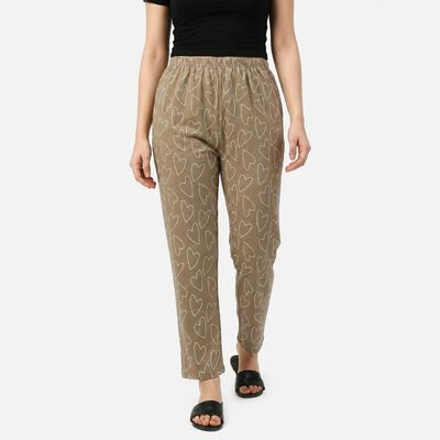 Women's Beige Straight Fit Heart Printed Lounge Pyjama