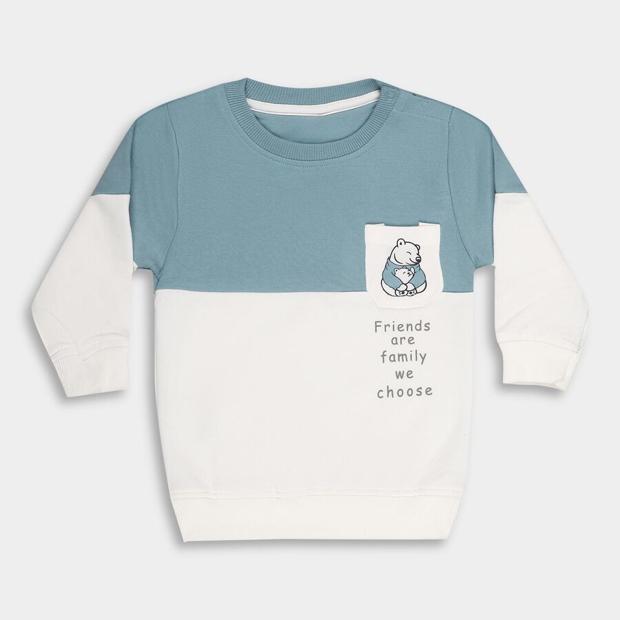 Infants Muted Steel Blue and White Crew Neck Casual Sweatshirt, टील ब्लू, large image number null