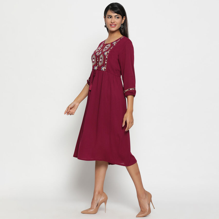 Embroidered Calf Length Dress, वाइन, large image number null