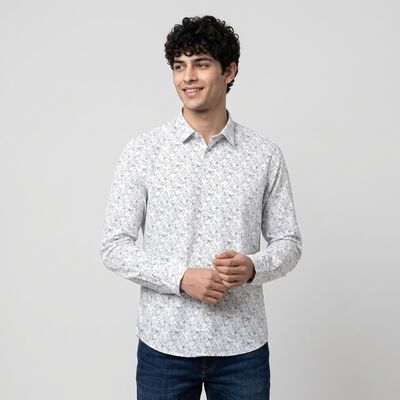 Men's White Cotton Floral Spread Collar Shirt