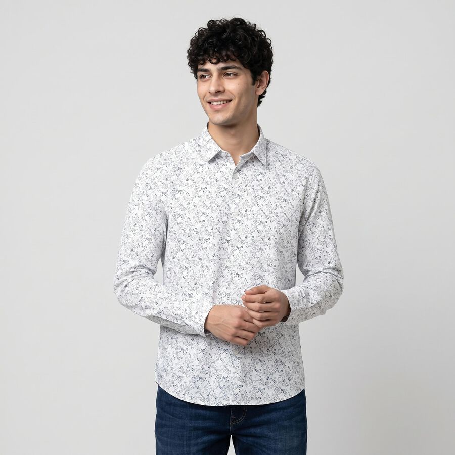 Men's White Cotton Floral Spread Collar Shirt, White, large
