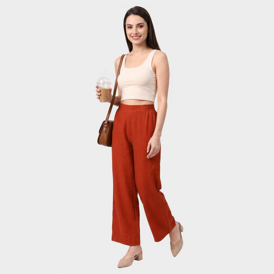 Women's Rust Relaxed Fit Elastic Waist Wide-Leg Trousers, Rust, large