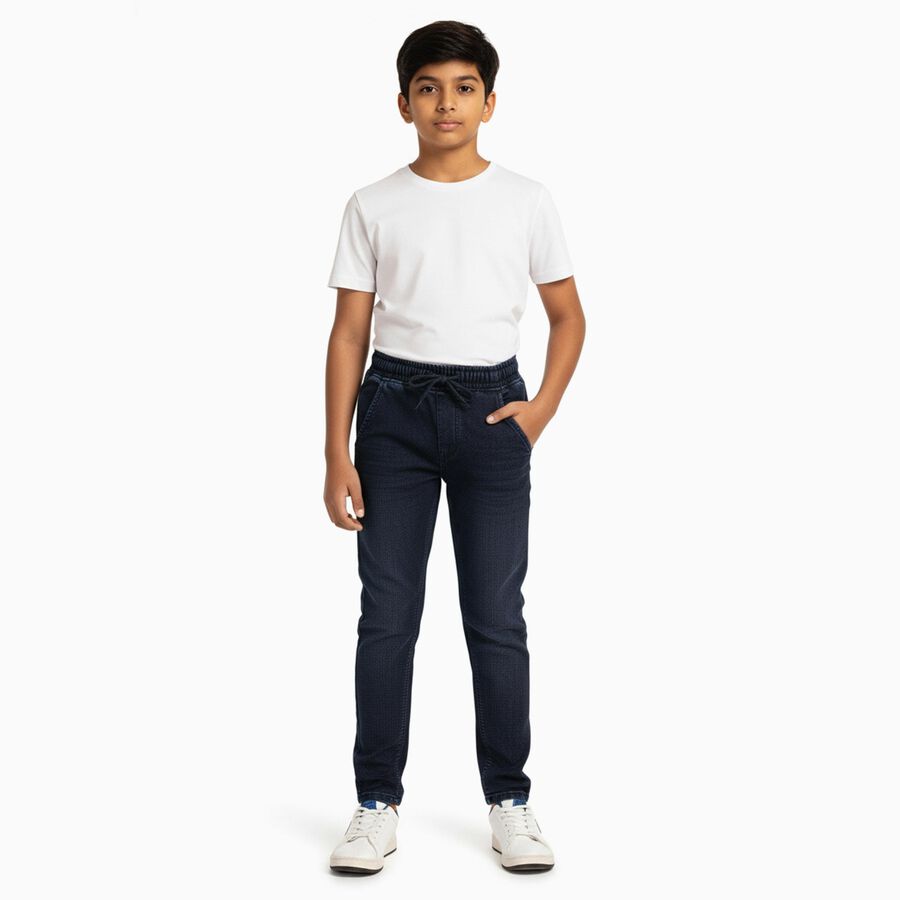 Boys' Dark Indigo Jogger Fit Elastic Waist Jeans, मध्यम नीला, large image number null