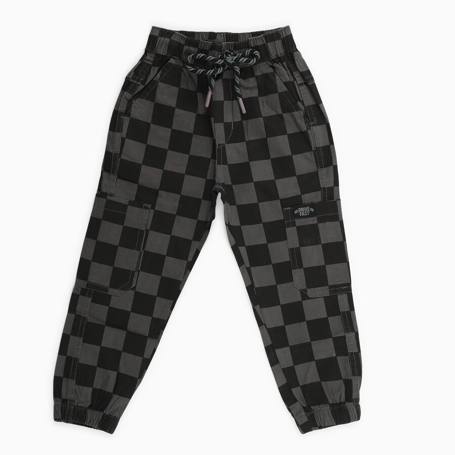 Boys' Black and Grey Checkered Jogger Trousers, काला, large image number null