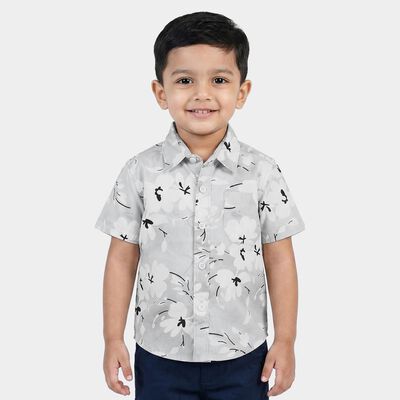 Boys Grey 100% Cotton Floral Printed Collar Regular Fit Shirt