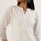 Women's White Cotton Notch Neck Self Design Kurta, Off White, small
