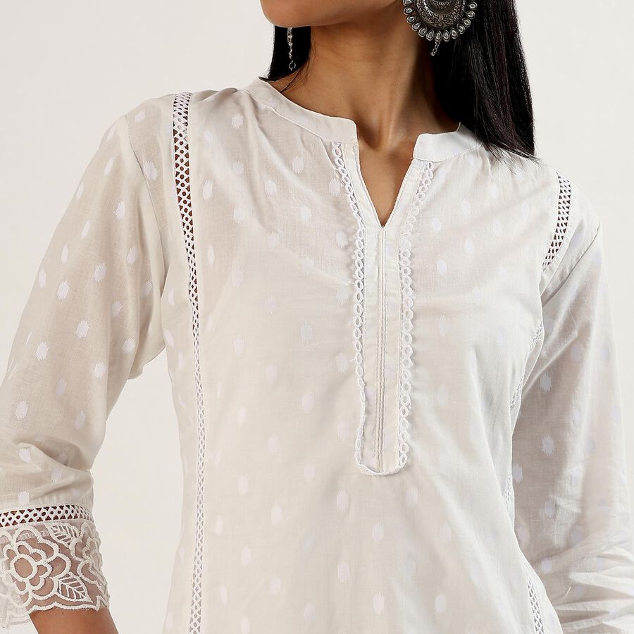 Women's White Cotton Notch Neck Self Design Kurta, Off White, large