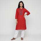 Women's Red Notch Neck Embroidered Kurta, Red, small
