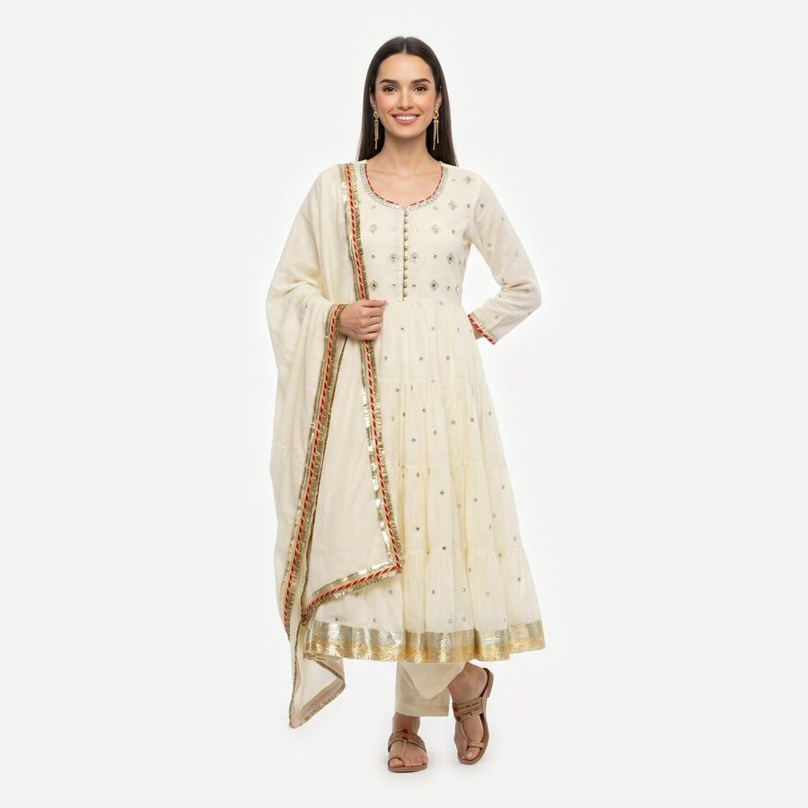 Women's Off White Cotton Round Neck Embellished Anarkali Kurta, Off White, large