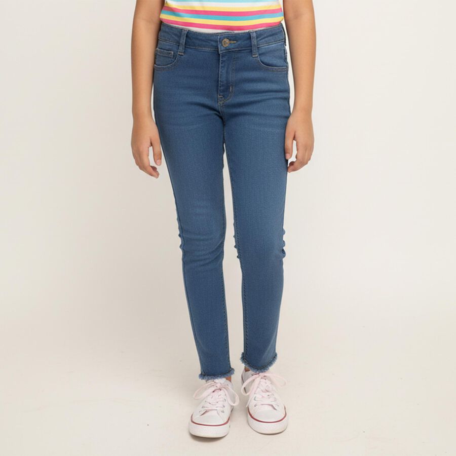 Girls' Stonewashed Blue Skinny Fit Frayed Hem Jeans, मध्यम नीला, large image number null