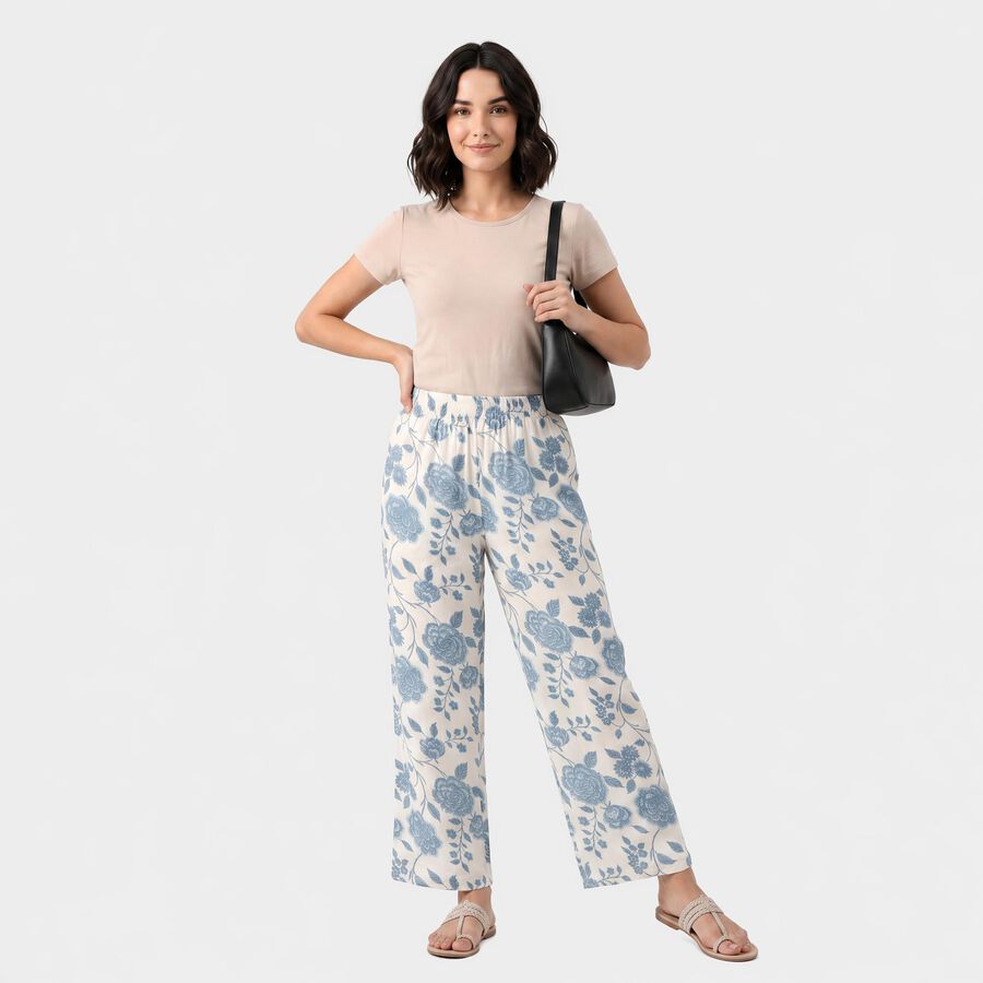 Women's Off White Regular Fit Floral Printed Palazzos, ऑफ व्हाइट, large