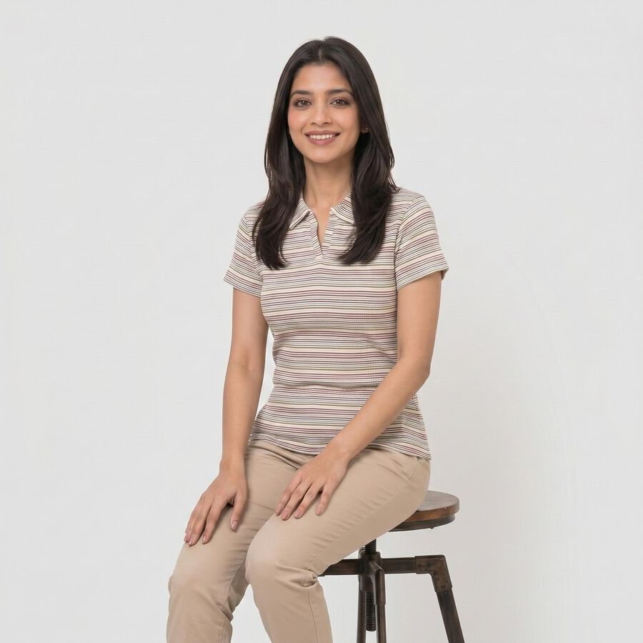 Women's Wine Polo Neck Striped Polo T-Shirt, Wine, large