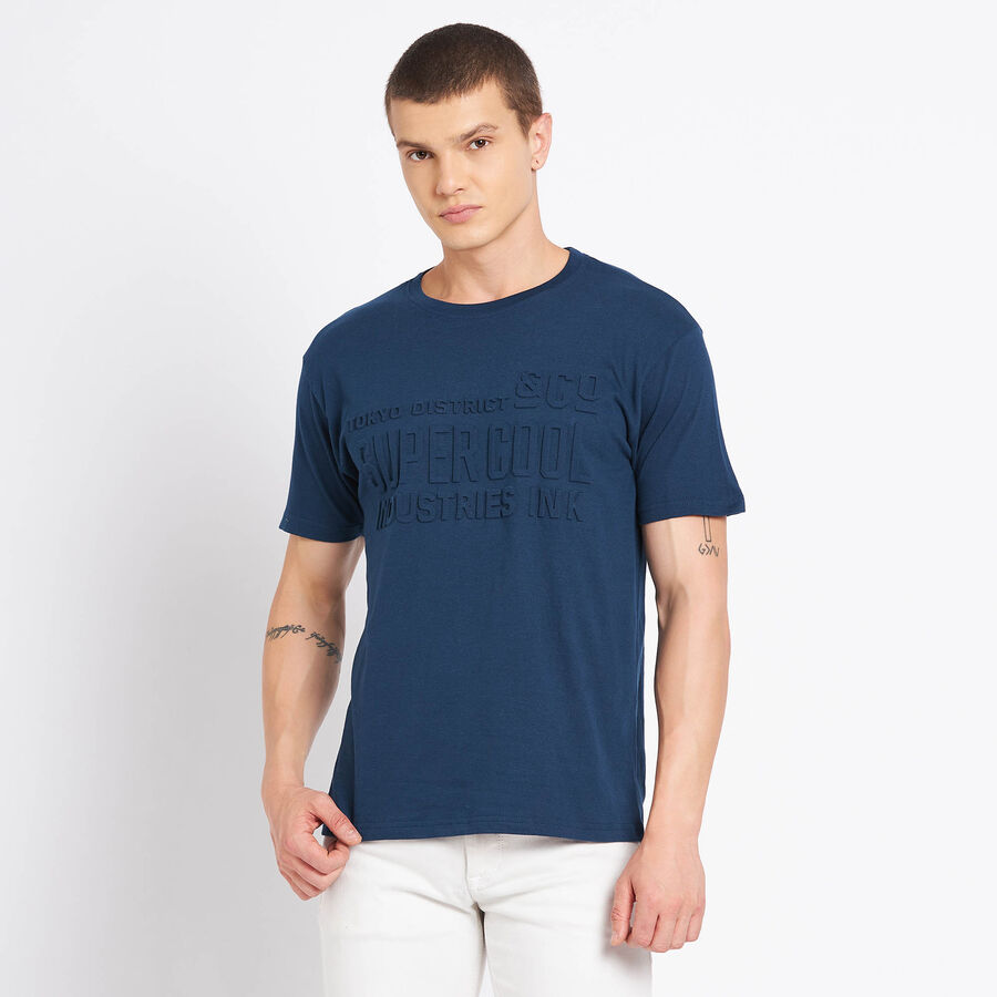 Cotton Solid Round Neck T-Shirt, Dark Blue, large image number null