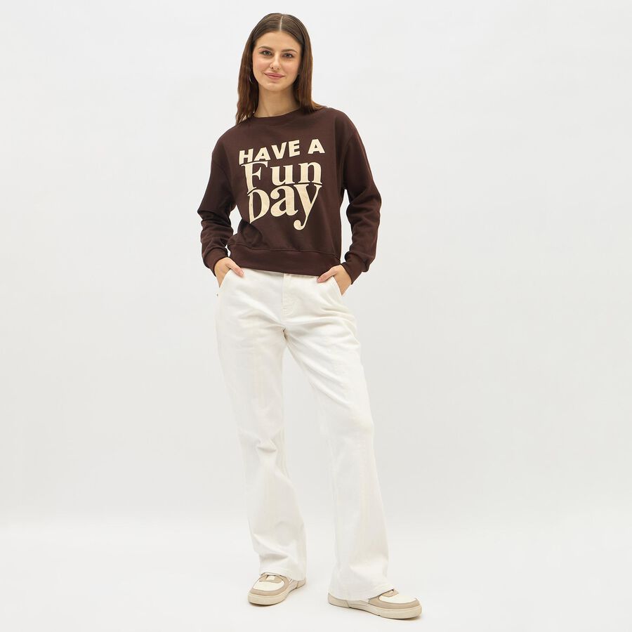Women's Dark Chocolate Brown Crew Neck Graphic Sweatshirt, भूरा, large image number null