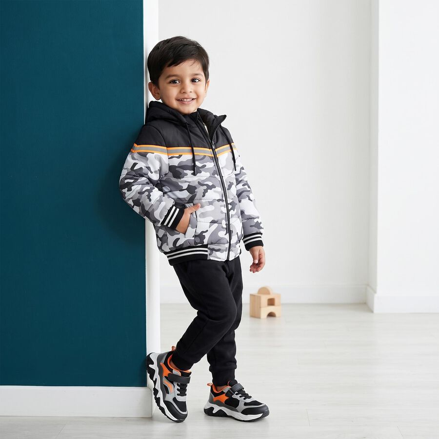 Boys Grey Hooded Puffer Jacket, Dark Grey, large
