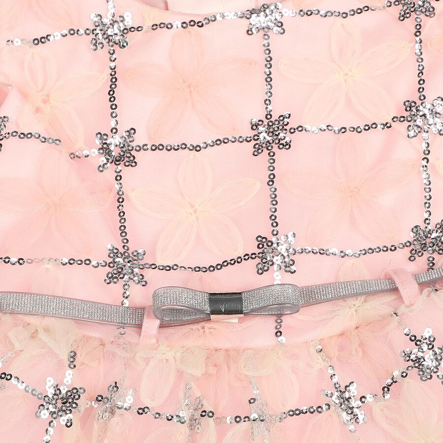 Girls' Pink Fit and Flare Sequin Embellished Party Wear Frock, हल्का गुलाबी, large