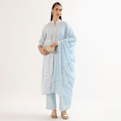 Women's Light Powder Blue Embroidered V-Neck Kurta
