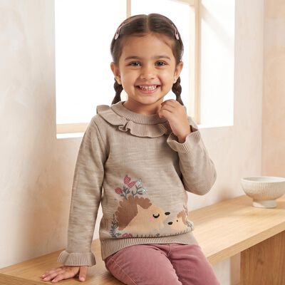 Girls Beige Crew Neck Long Sleeve Pullover