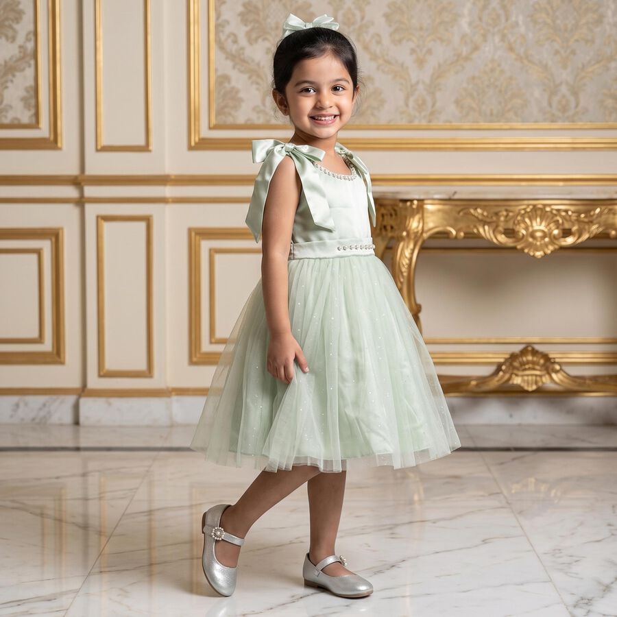 Girls' Mint Green Fit and Flare Bow Detail Party Wear Frock, हल्का हरा, large