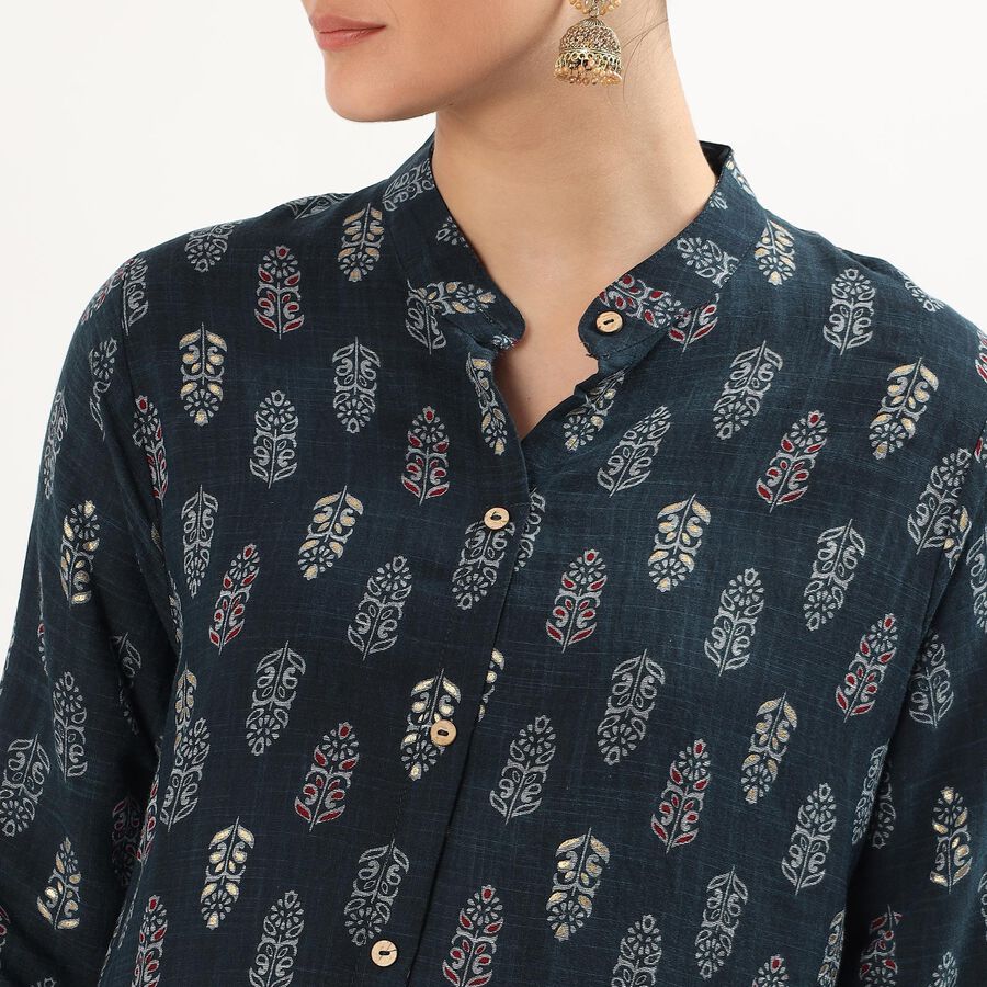 Women's Dark Midnight Blue Mandarin Collar Printed Kurta, Teal Blue, large image number null