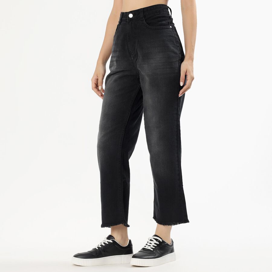 Women's Faded Black Straight Fit Frayed Hem Jeans, Black, large image number null