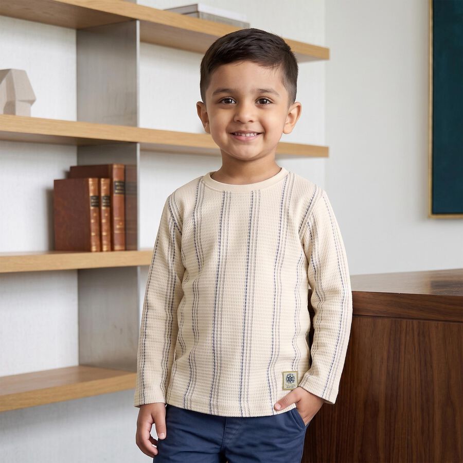 Boys Cream Round Neck Regular T-Shirt, ऑफ व्हाइट, large