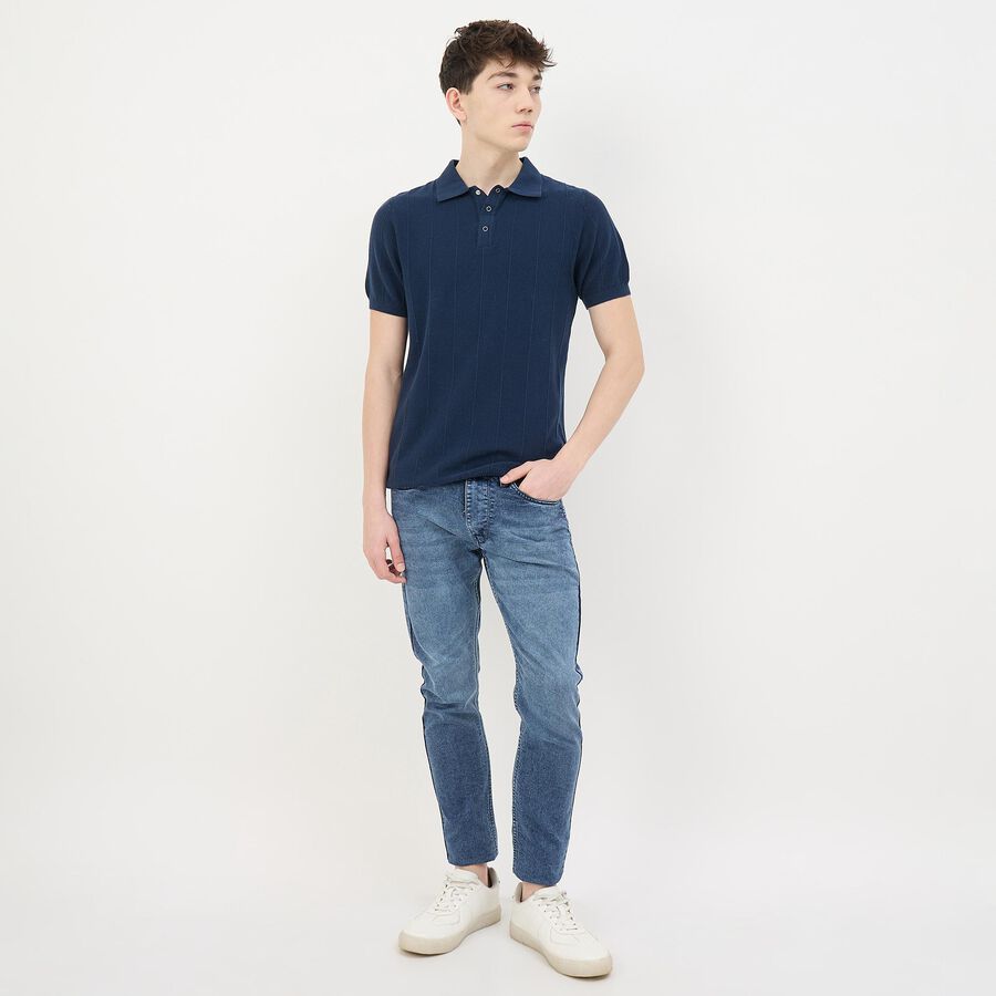 Men's Midnight Blue Cotton Polo Collar Casual T-Shirt, मध्यम नीला, large