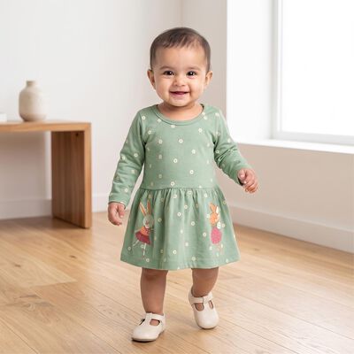 Infants' Mint Green Fit and Flare Bunny Print Frock