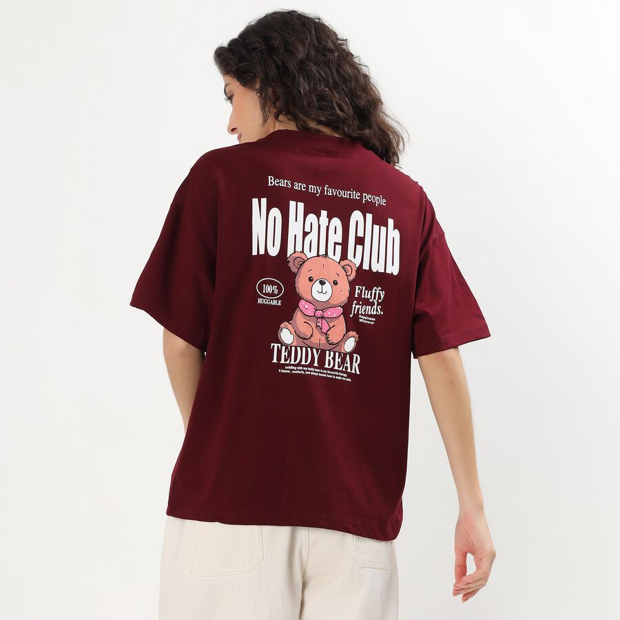 Women's Rich Wine Cotton Round Neck Casual T-Shirt, Wine, large