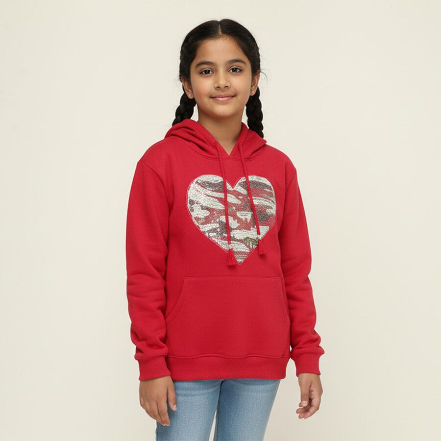 Girls Bright Cherry Red Hoodie Neck Casual Sweatshirt, Fuchsia, large image number null
