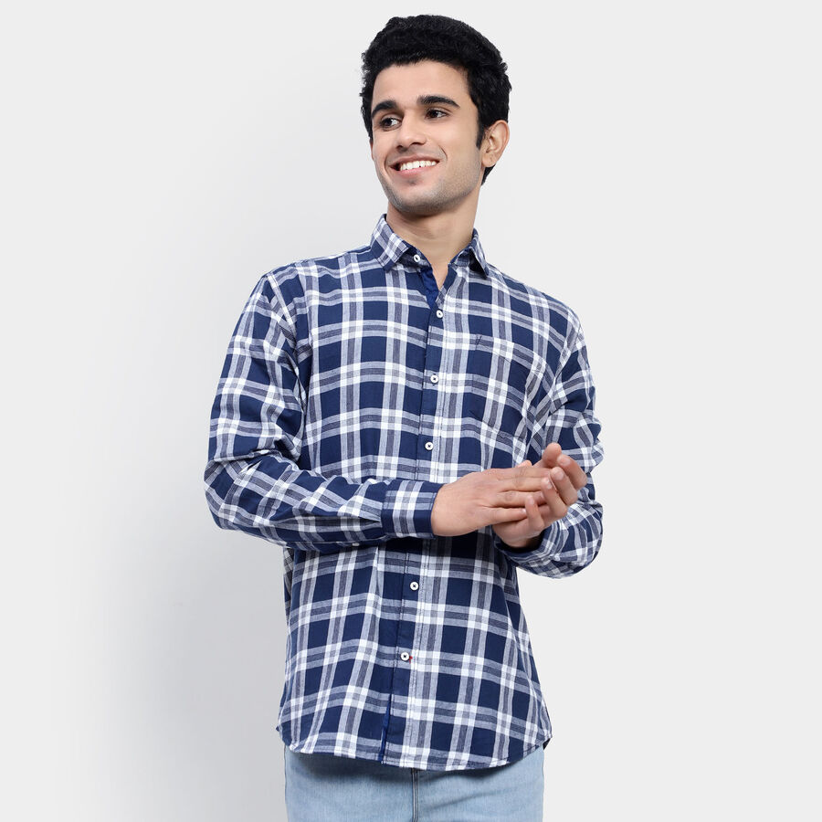 Cotton Checks Casual Shirt, Navy Blue, large image number null
