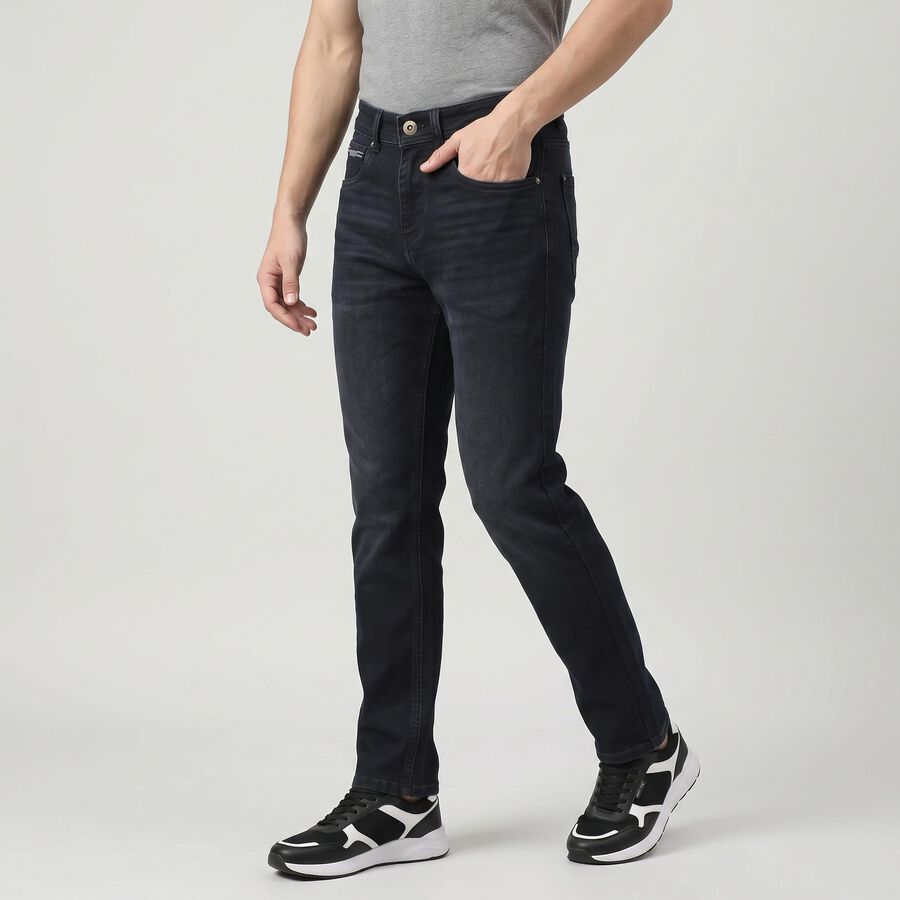 Men's Navy Blue Slim Fit Washed Jeans, गहरा नीला, large