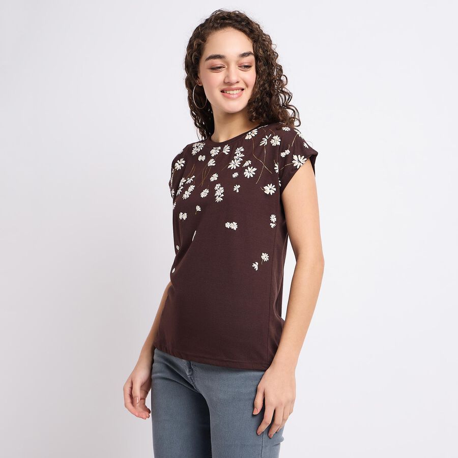 Ladies' Round Neck T-Shirt, भूरा, large