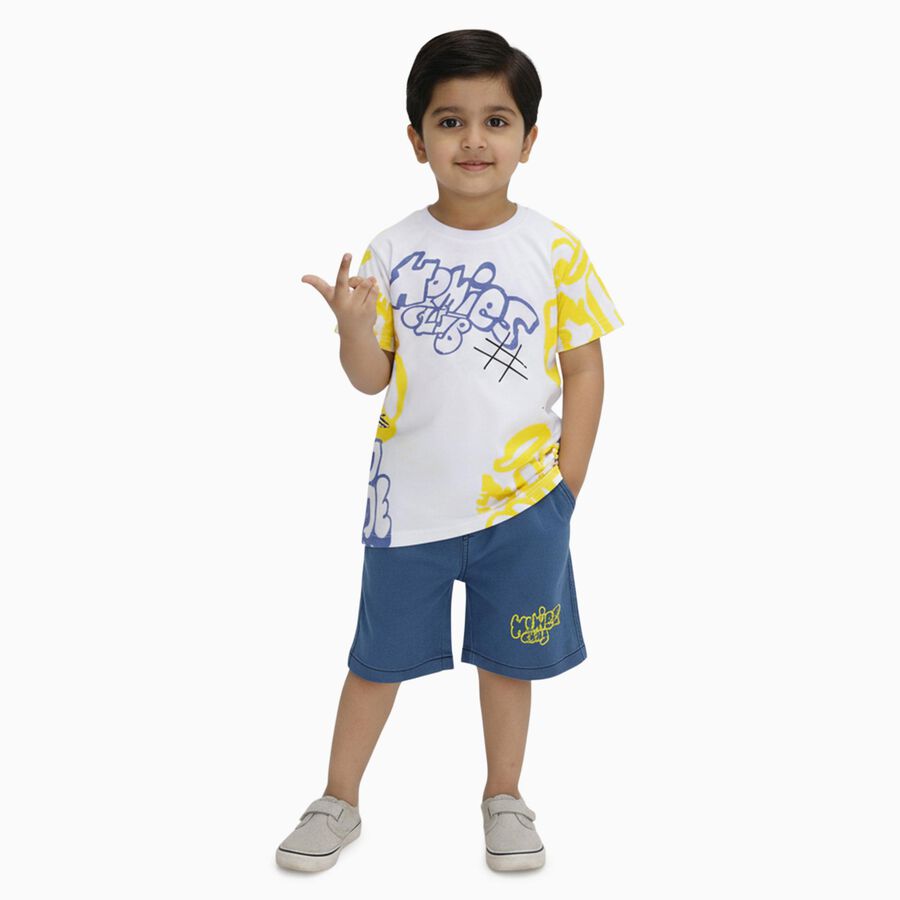 Boys' White Cotton Round Neck Graffiti Printed Baba Suit, White, large image number null