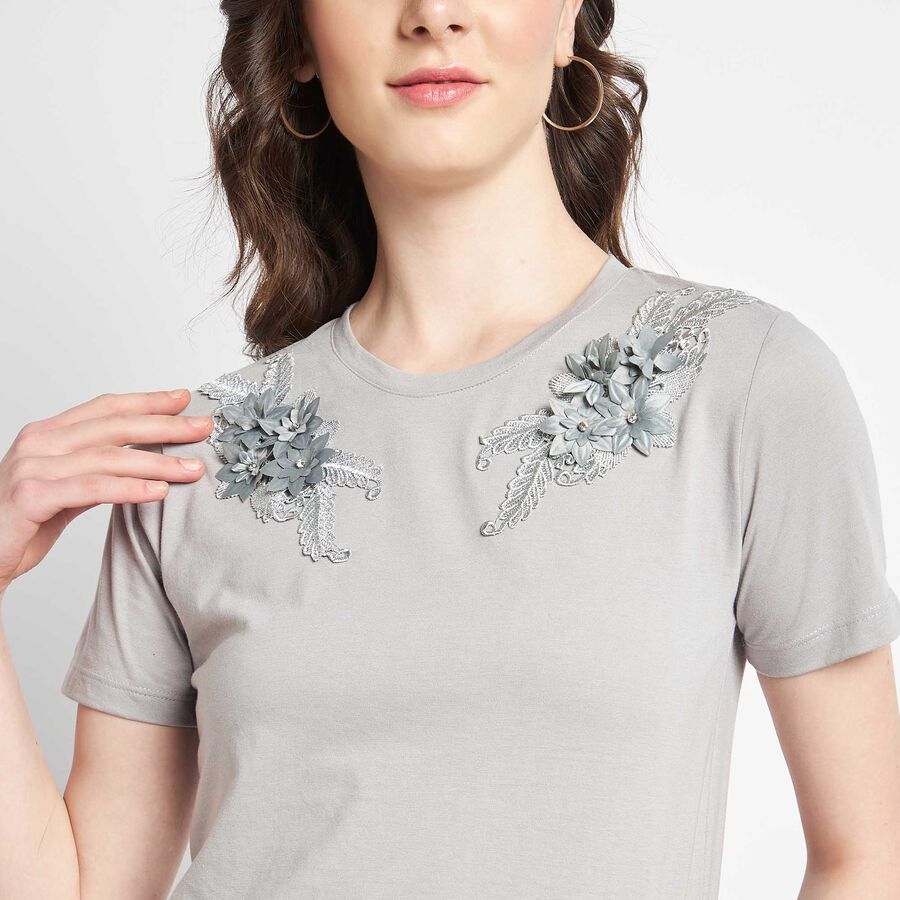 Embellished Round Neck T-Shirt, Dark Grey, large image number null
