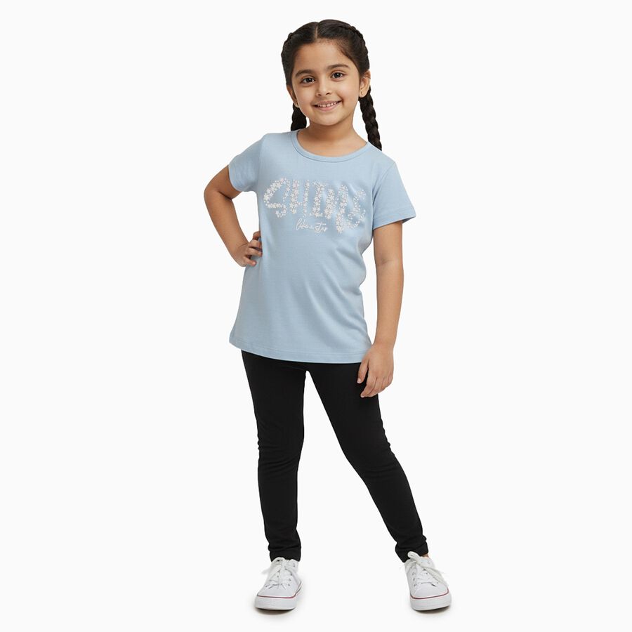 Girls Light Powder Blue Cotton Round Neck Casual T-Shirt, हल्का नीला, large