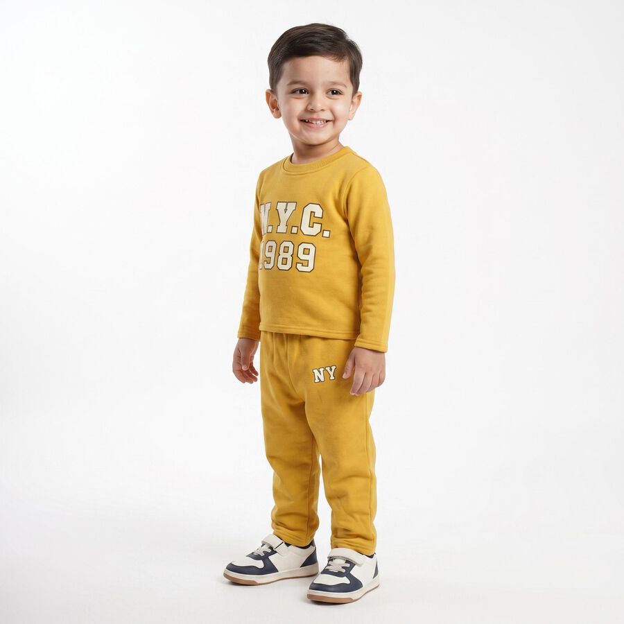Boys' Mustard Crew Neck Graphic Print Baba Suit, पीला, large