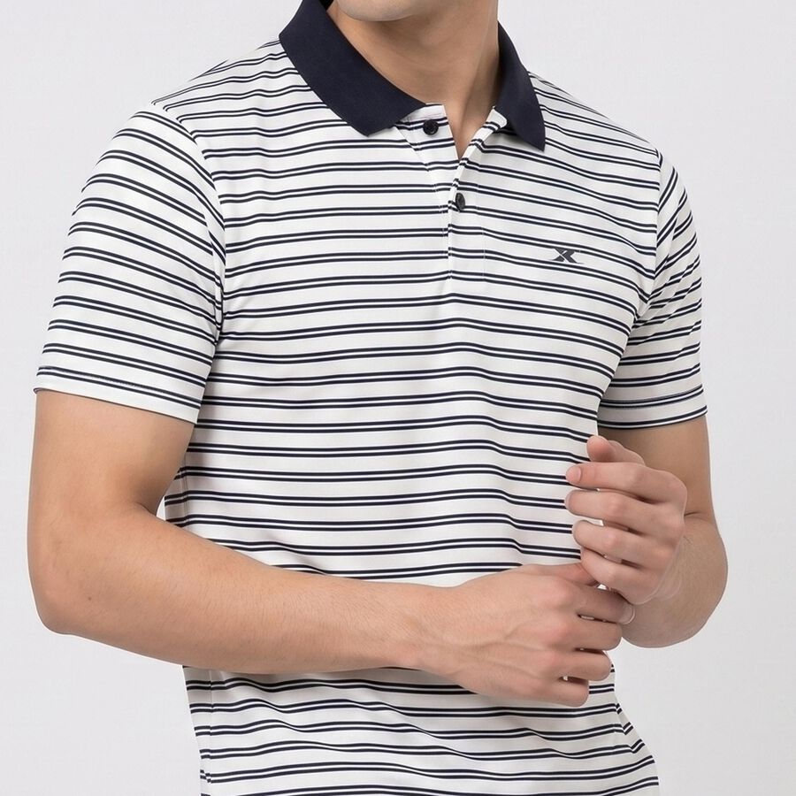 Men's White Polo Neck Striped Drifit T-Shirt, Off White, large