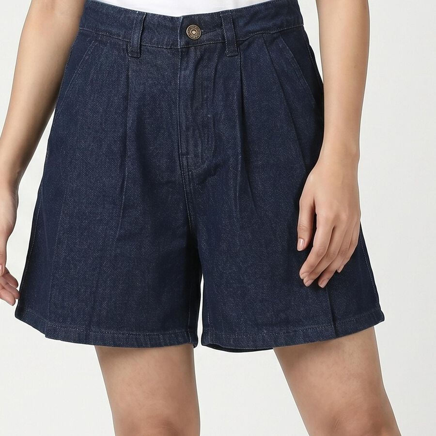 Women's Navy Blue Relaxed Fit Pleated Denim Shorts, गहरा नीला, large