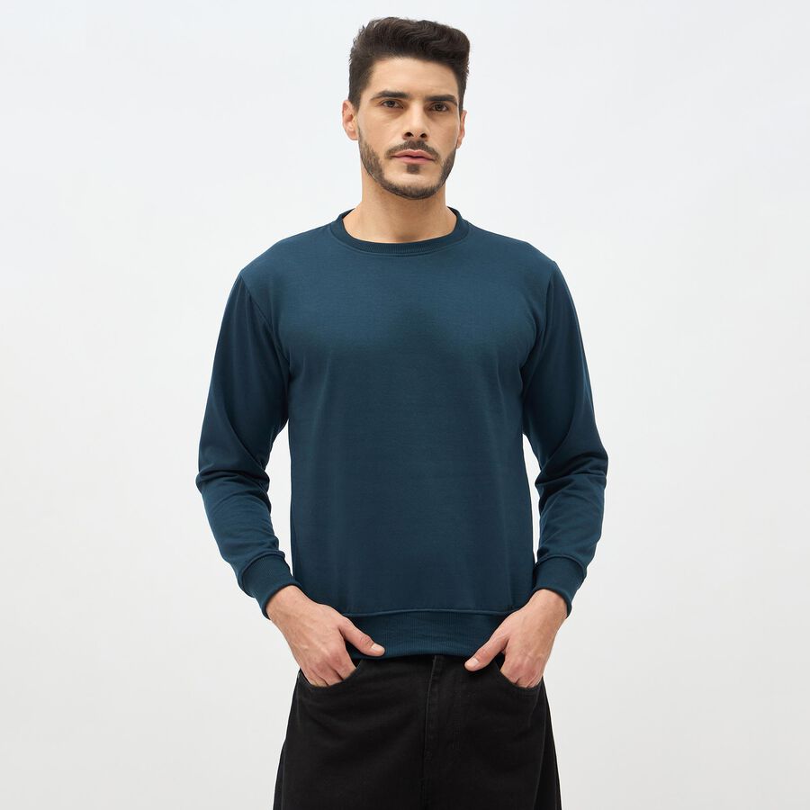 Men's Teal Blue Crew Neck Casual Sweatshirt, टील ब्लू, large image number null