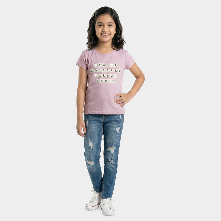 Girls Lilac Cotton Casual T-Shirt, लाइलेक, large