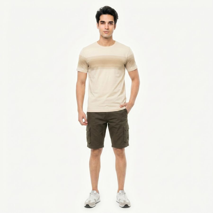 Men's Cream Cotton Round Neck Striped Regular T-Shirt, Off White, large