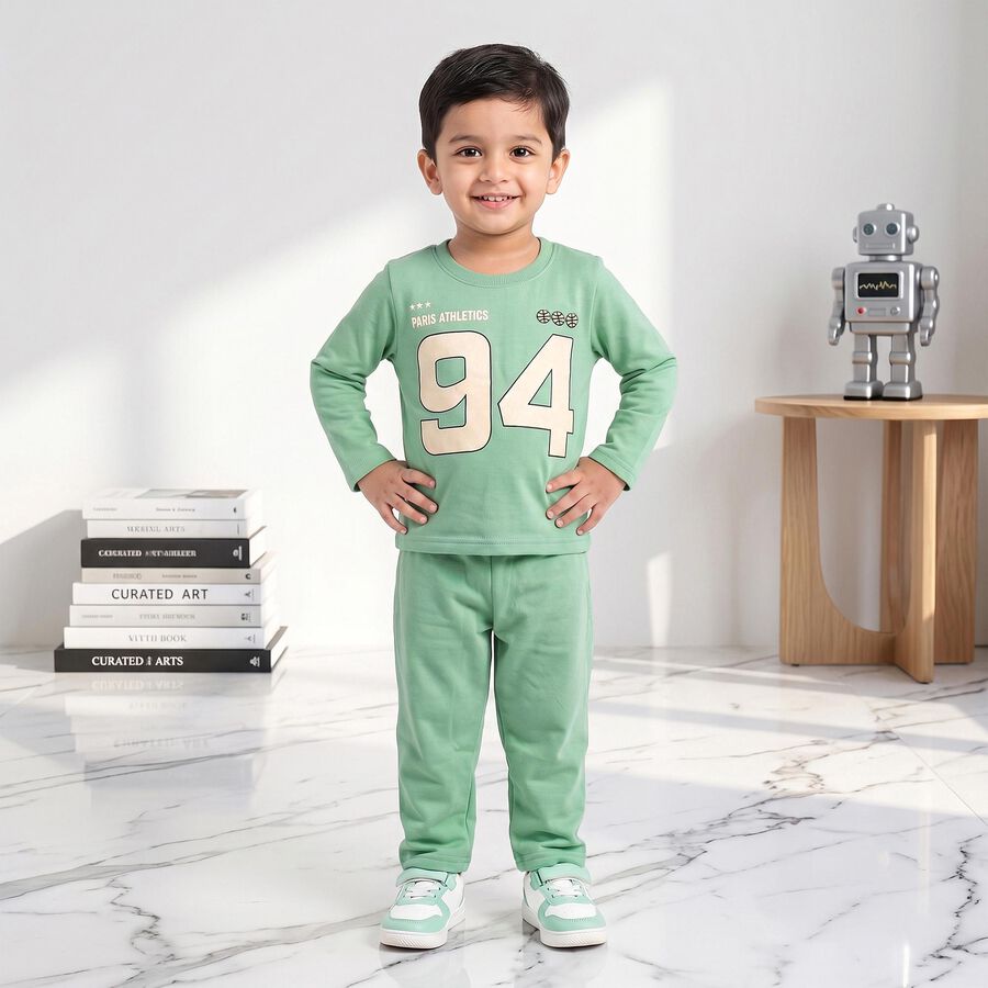 Boys Mint Green Round Neck Graphic Print Baba Suit, हल्का हरा, large