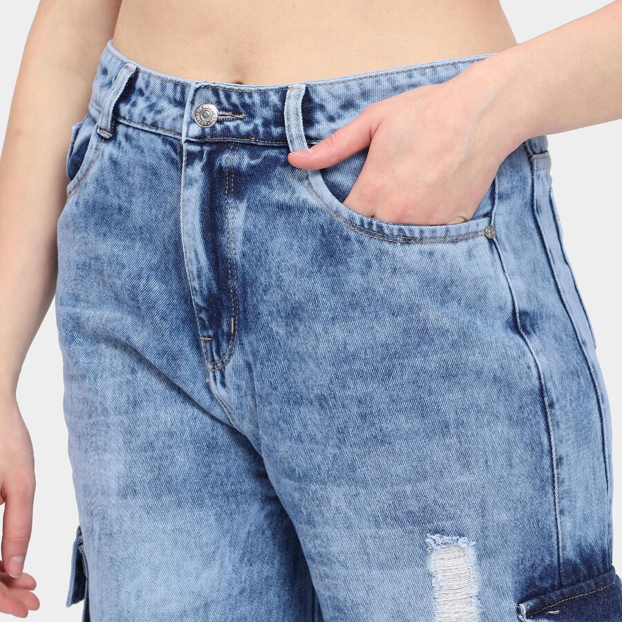 Ladies' 100% Cotton Jeans, मध्यम नीला, large