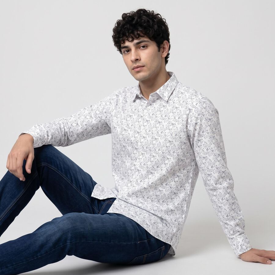 Men's White Cotton Floral Spread Collar Shirt, White, large