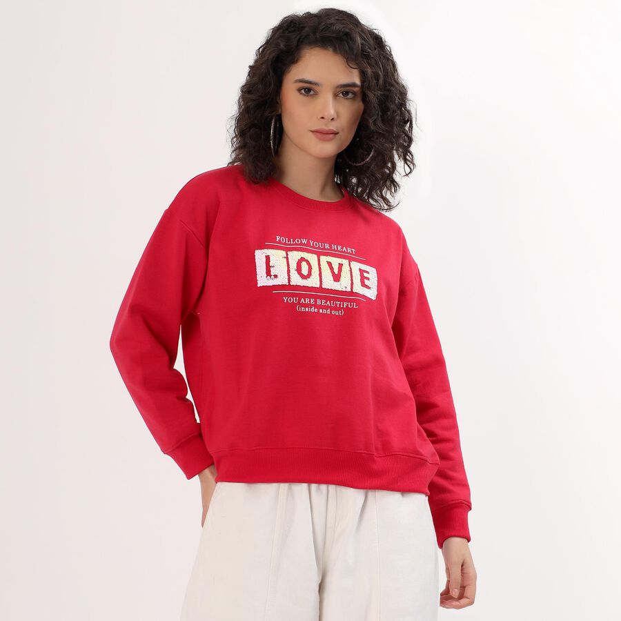 Women's Bright Cherry Red Crew Neck Casual Sweatshirt, रानी (फ्यूशिया), large image number null