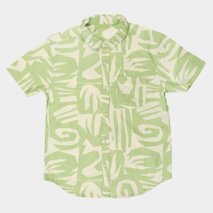 Boys' Mint Green Cotton Abstract Printed Regular Fit Shirt, Light Green, large