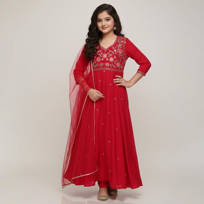 Girls Muted Sage Green Embroidered Kurta and Pants Fusion Set