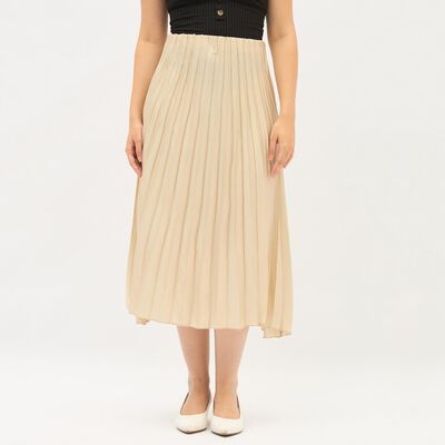 Women's Soft Beige Pleated Midi Skirt